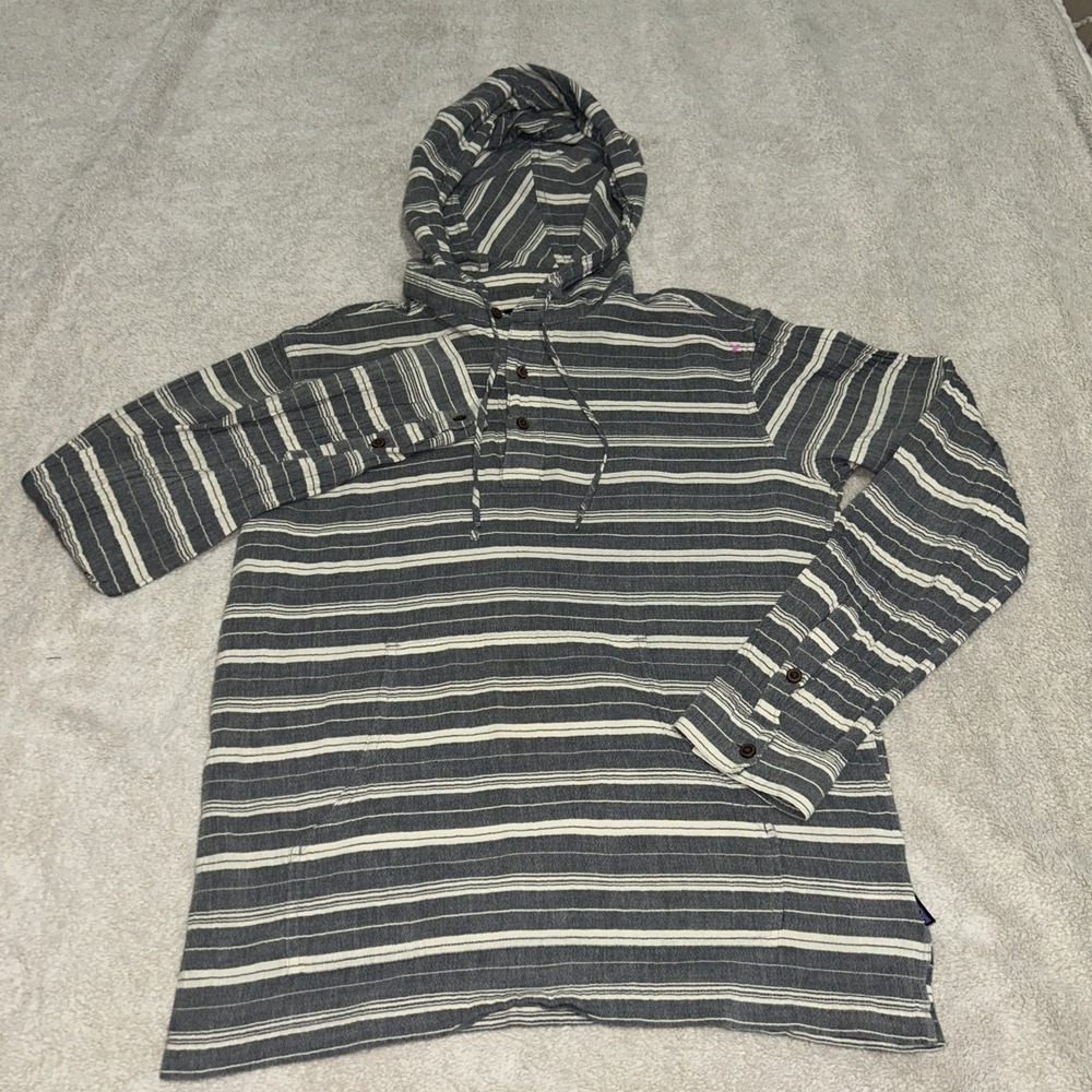 Patagonia Men's Medium Fjord Organic Cotton Hoodie Grey Striped Henley - Picture 2 of 10